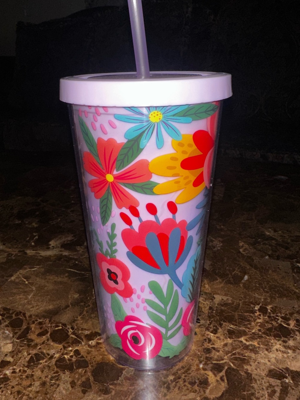 Floral Insulated Tumbler with Straw - purple Floral